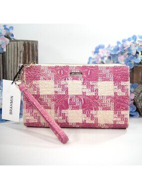 Brahmin Empower Sakura Gingham Pink Leather Daisy Clutch Wristlet NWT